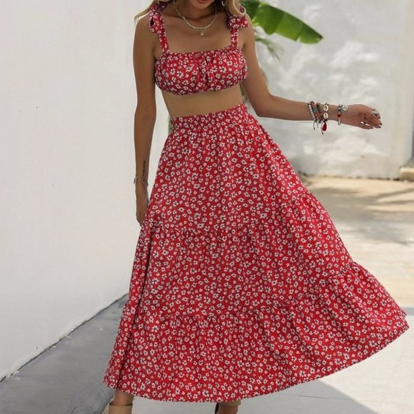 MODA ME COUTURE Dresses & Skirts - Red Ditsy Floral Print Cami Top & maxi Skirt Set